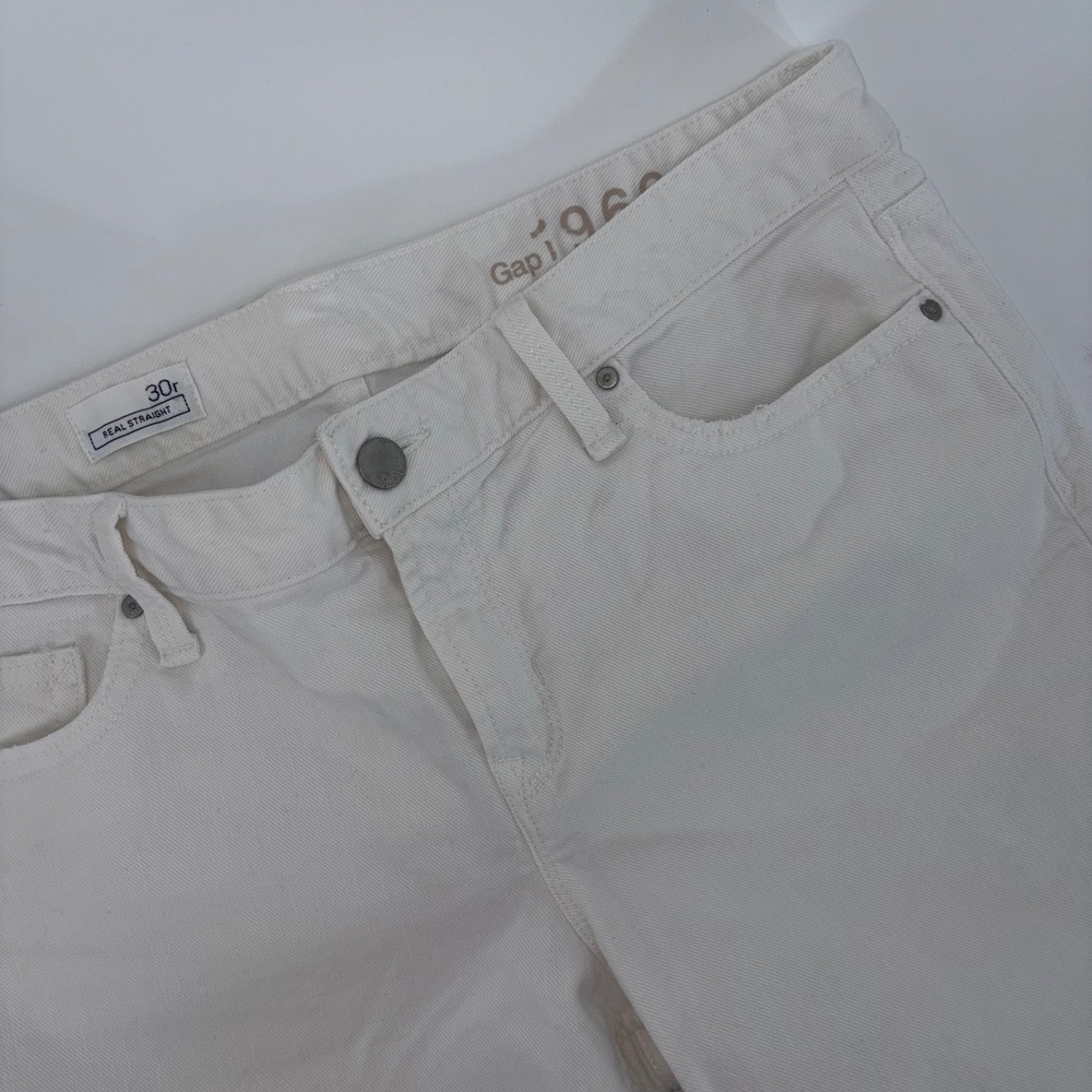 Gap 1969 Real Straight White Jeans Women 30r Raw Hem Mid Rise Stretch Denim